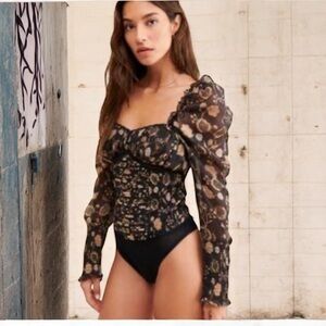 NWT Free People Intimately Black Combo Floral Long Sleeve Ruched Bodysuit Small